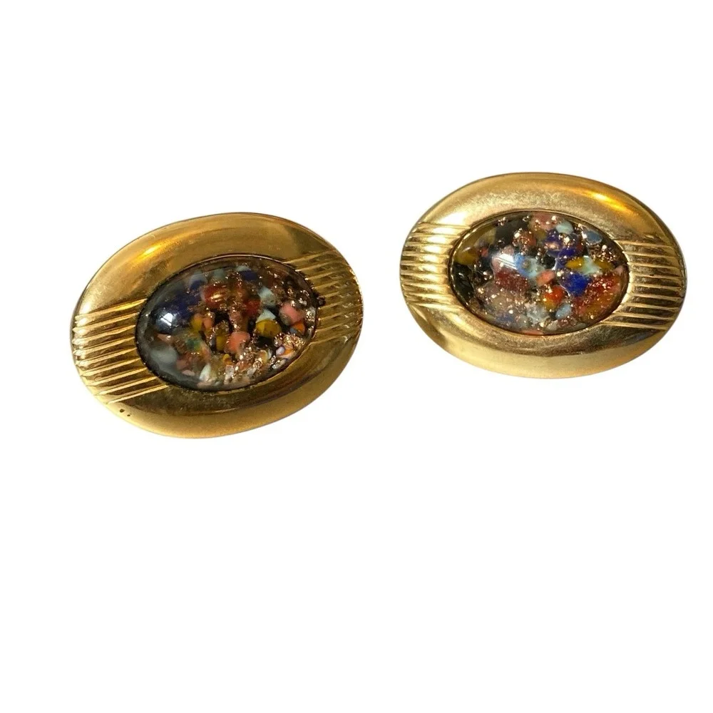 Vintage Anson Men Confetti Glitter Under Glass CUFFLINKS Gold Tone Oval